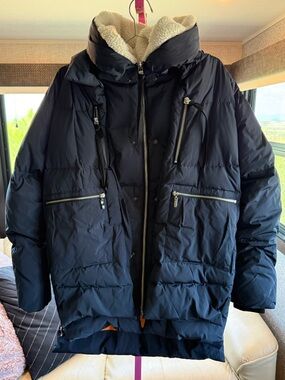 Orolay XL Navy Duck puffer Down Sherpa Hood Puffer Parka Winter Coat zip EUC